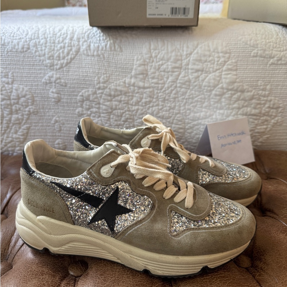 Golden Goose Tan and Silver Running Sole Sneakers